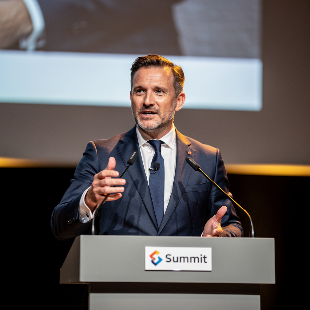 Belgian business leader speaking at a conference